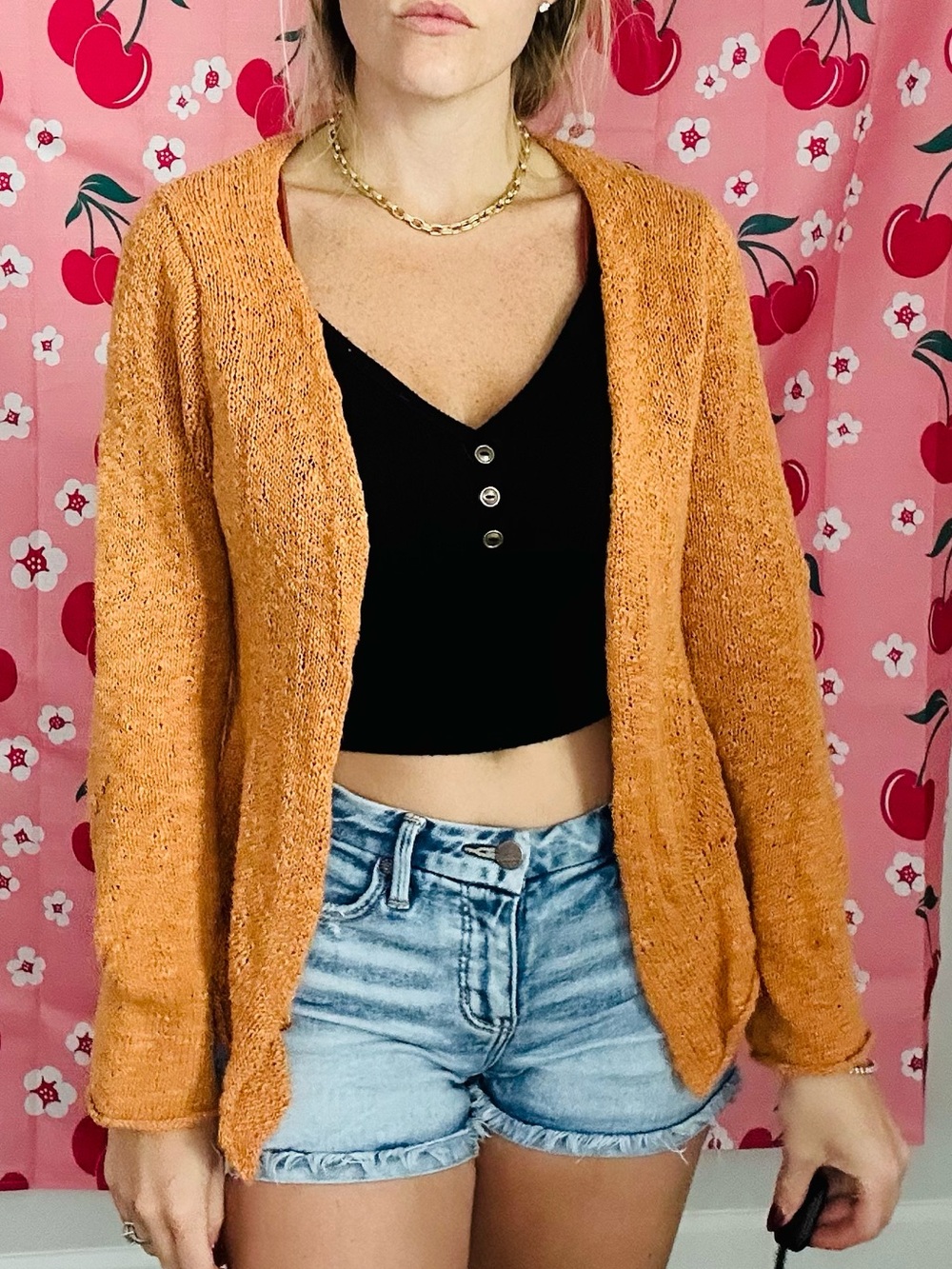Eileen Fisher Open-Front Orange Knit Cardigan